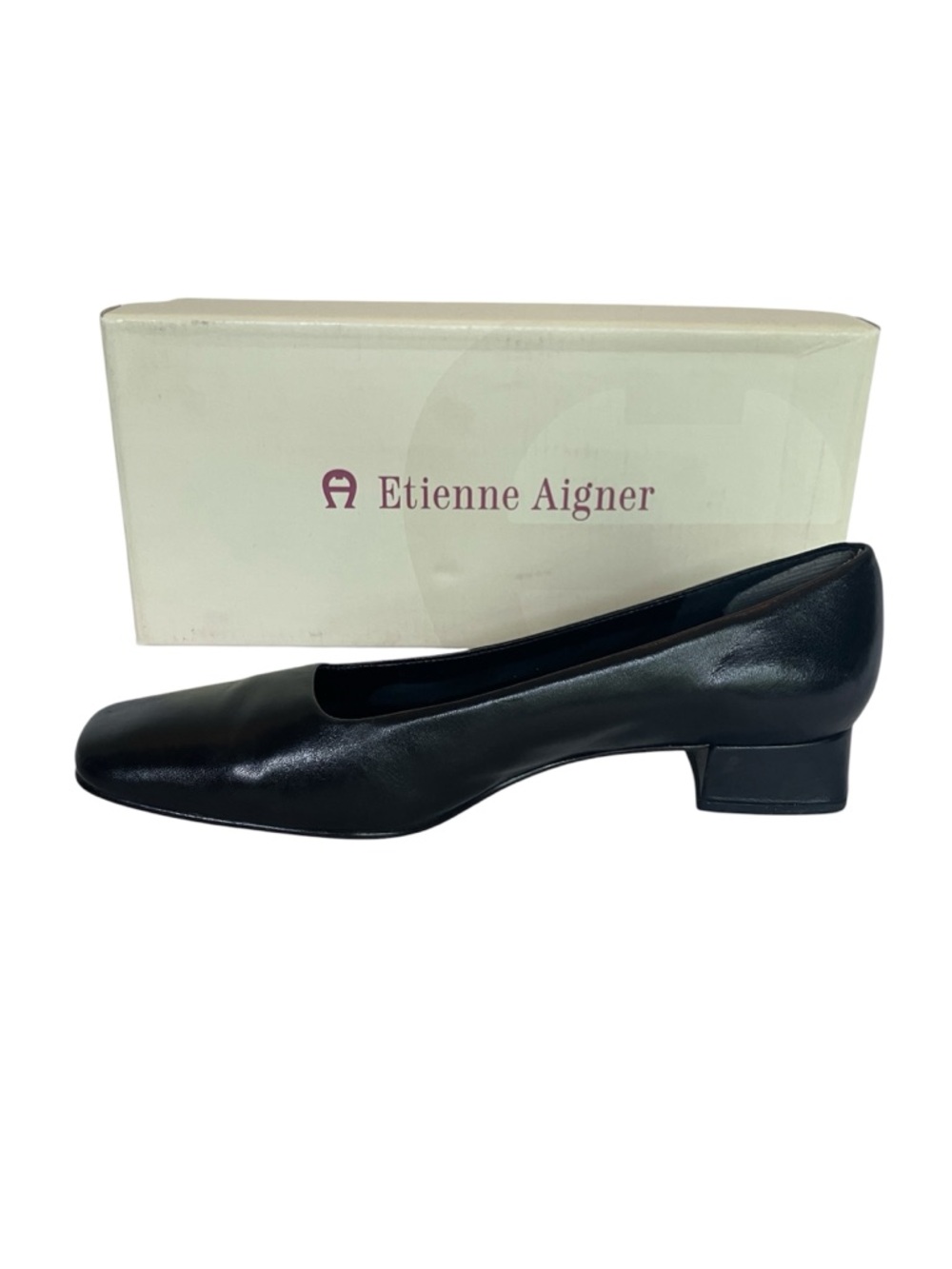 Etienne Aigner Twiggy Black Leather Square-Toe Low Block Heel Pumps 8M